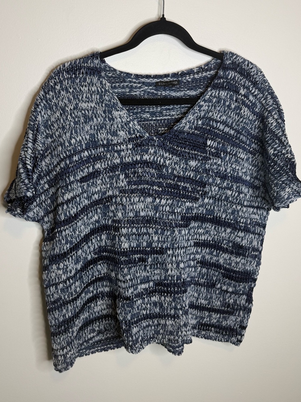Eileen Fisher Navy and White Marled V-Neck Knit Top size XL